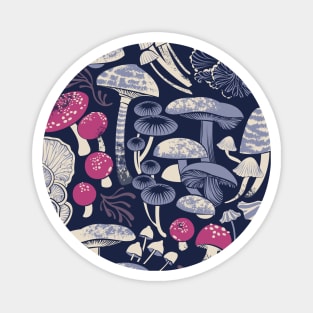 Mystical fungi // midnight blue background ivory pale blue and dark pink wild mushrooms Magnet